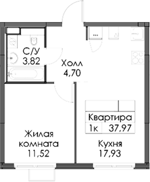 1-комнатная квартира 37.97 м², 11/12 эт., ЖК «Таллинский парк»
